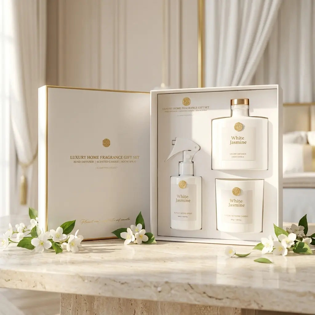 Coffret parfumé White Jasmine AURA Paris - ambiance marbre clair et lumière naturelle, esprit boutique parisienne