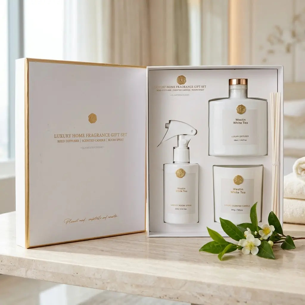 Coffret parfumé Westin White Tea AURA Paris - ambiance marbre clair et lumière naturelle, esprit spa 5 étoiles