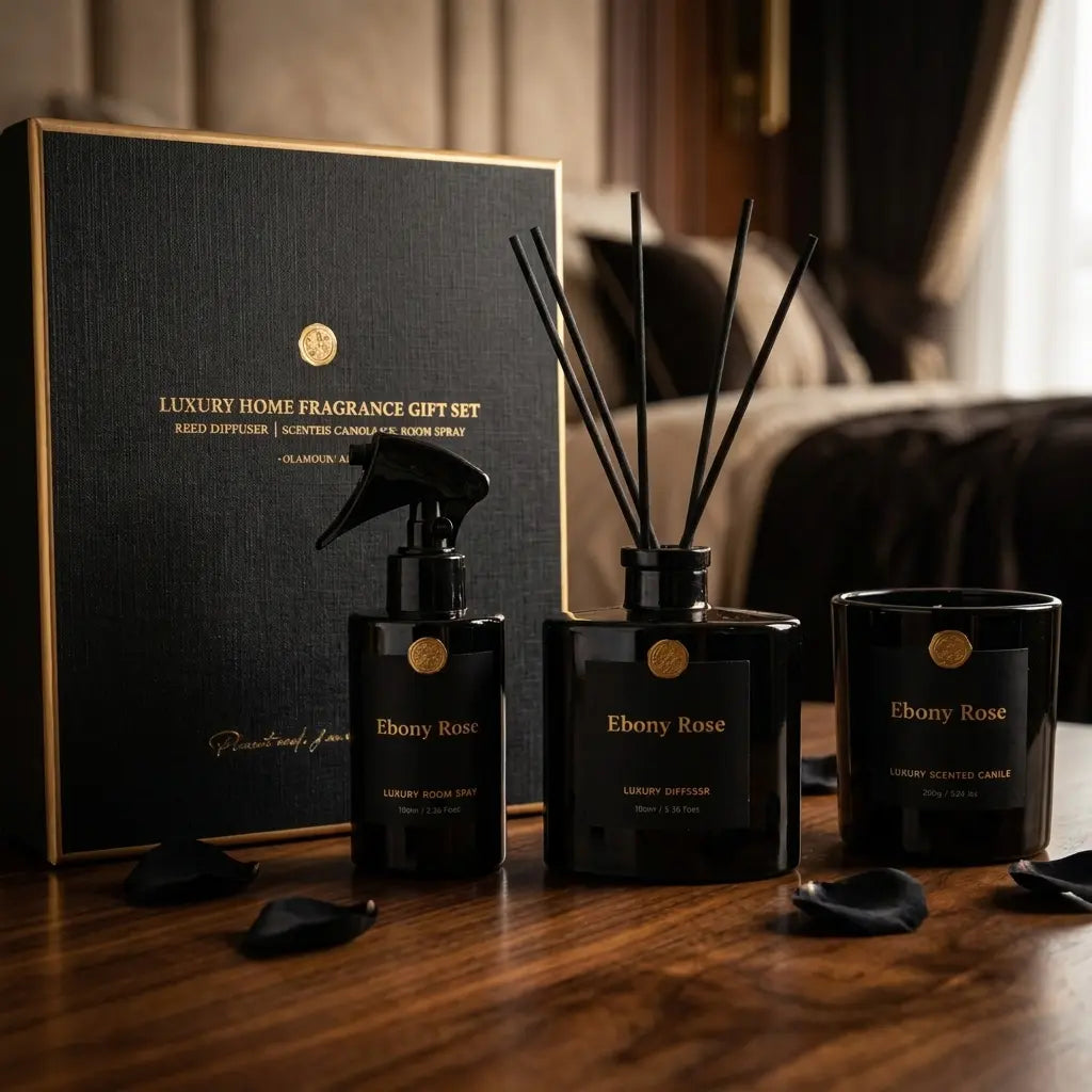 Coffret parfumé Ebony Rose AURA Paris - ambiance bois foncé et lumière dorée, esprit hôtel de luxe